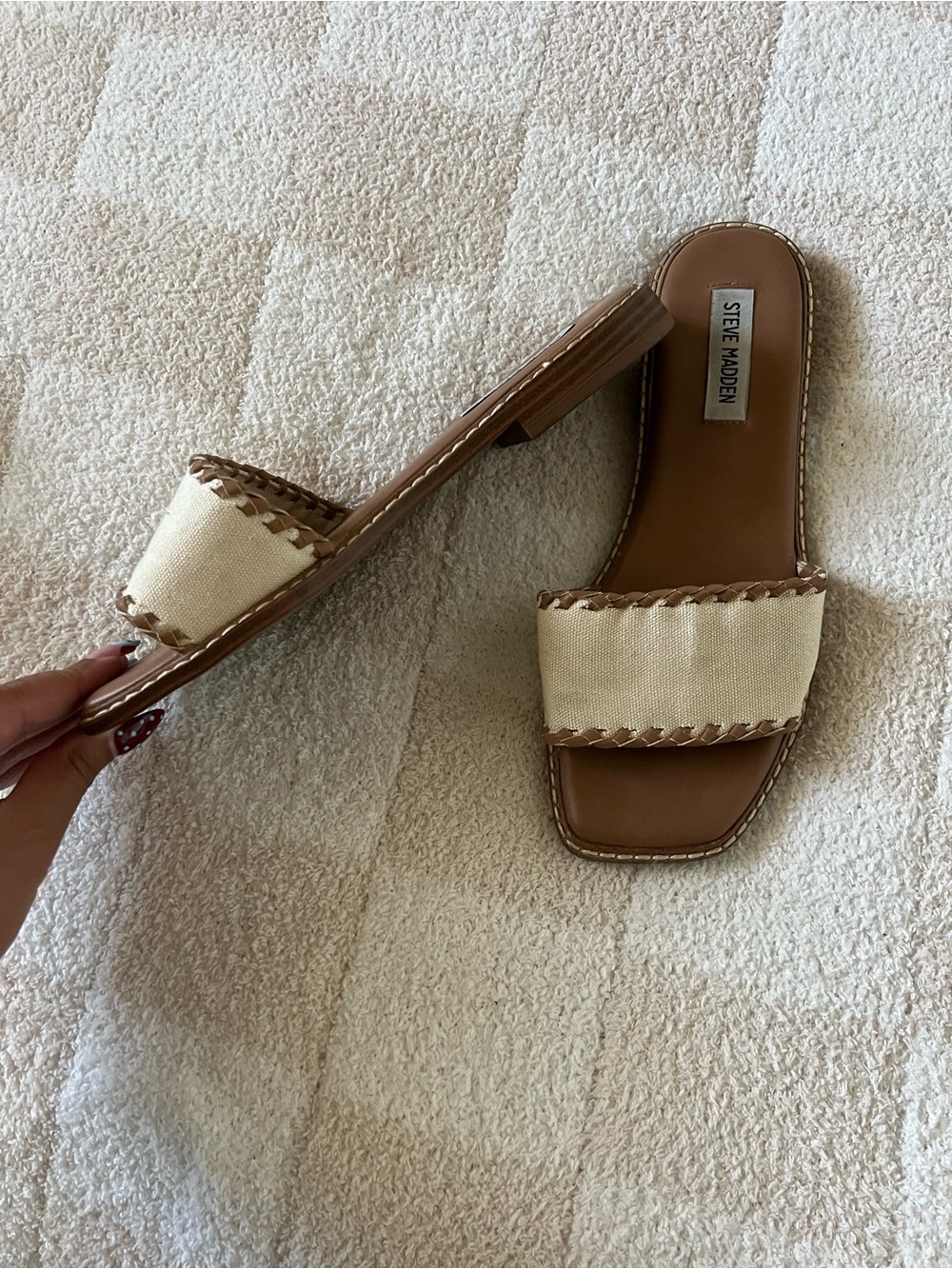 Steve Madden Tan Leather & Cream Canvas Slide Sandals - Picture 3 of 4